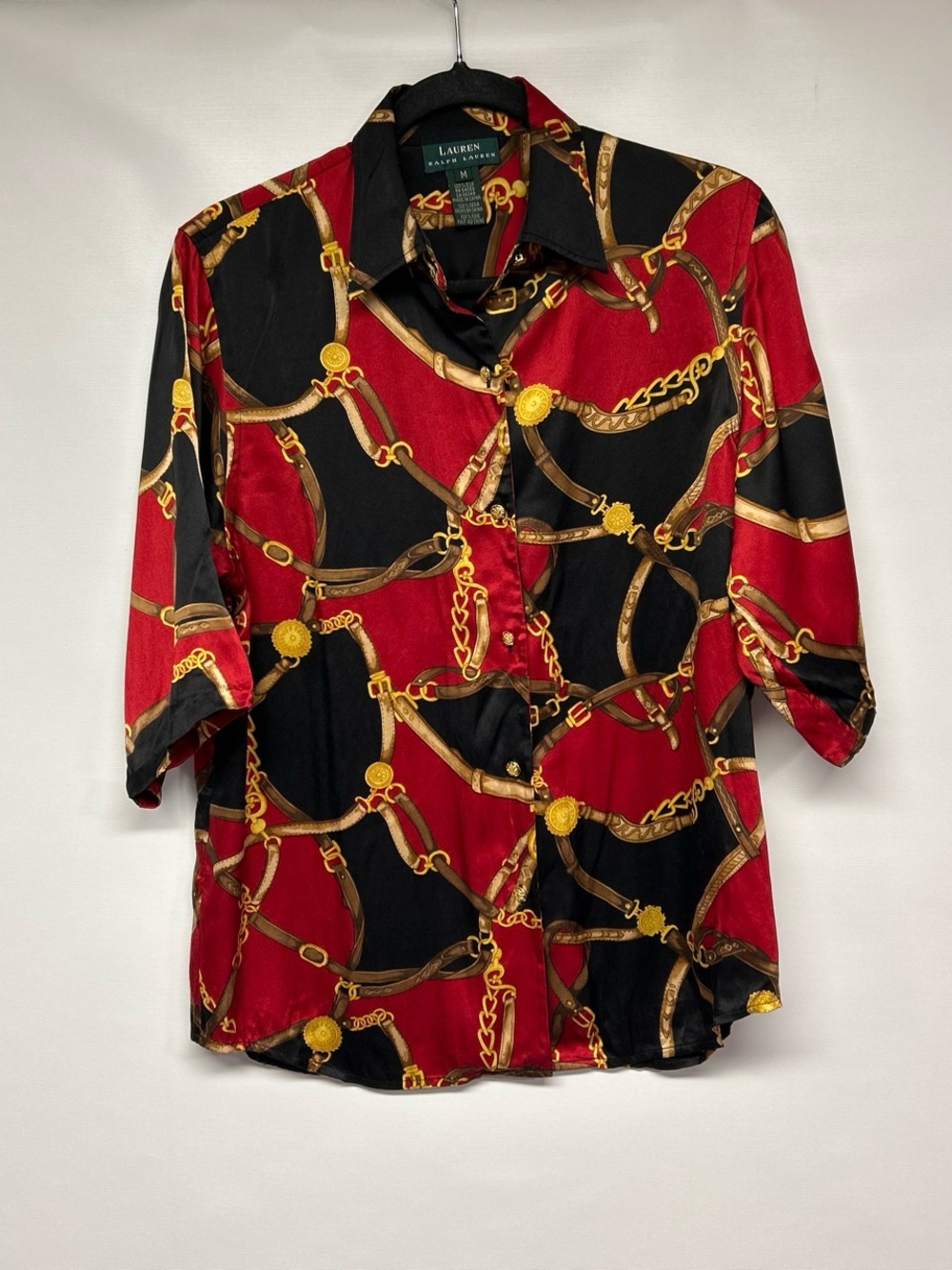 Lauren Ralph Lauren Red Black Gold Chain-Print Button Front Blouse